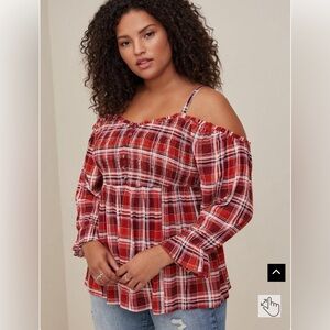Torrid Babydoll Crinkle Gauze Smocked Cold Shoulder Top